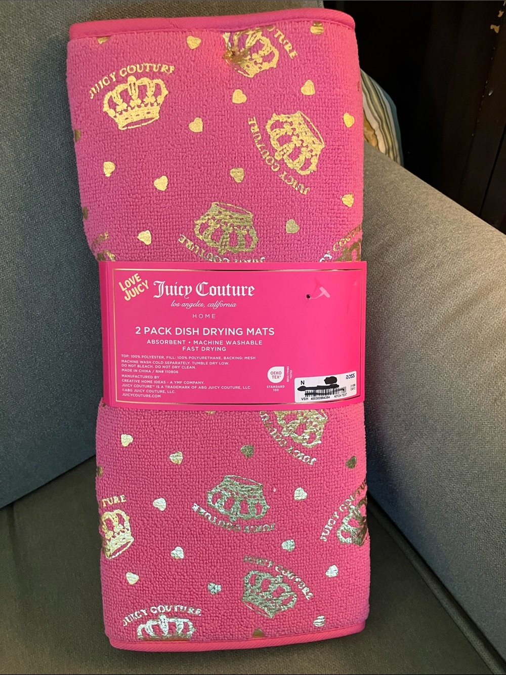 ✨Juicy Couture 2 pk dish drying mats hot pink gold crowns hearts logos NIP NWT - Picture 2 of 8